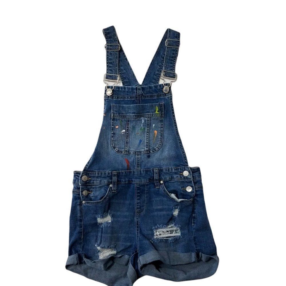 Distressed Denim Bib Overalls Paint Splatter Blue Spice Shortalls Juniors Size 5 - Picture 1 of 7